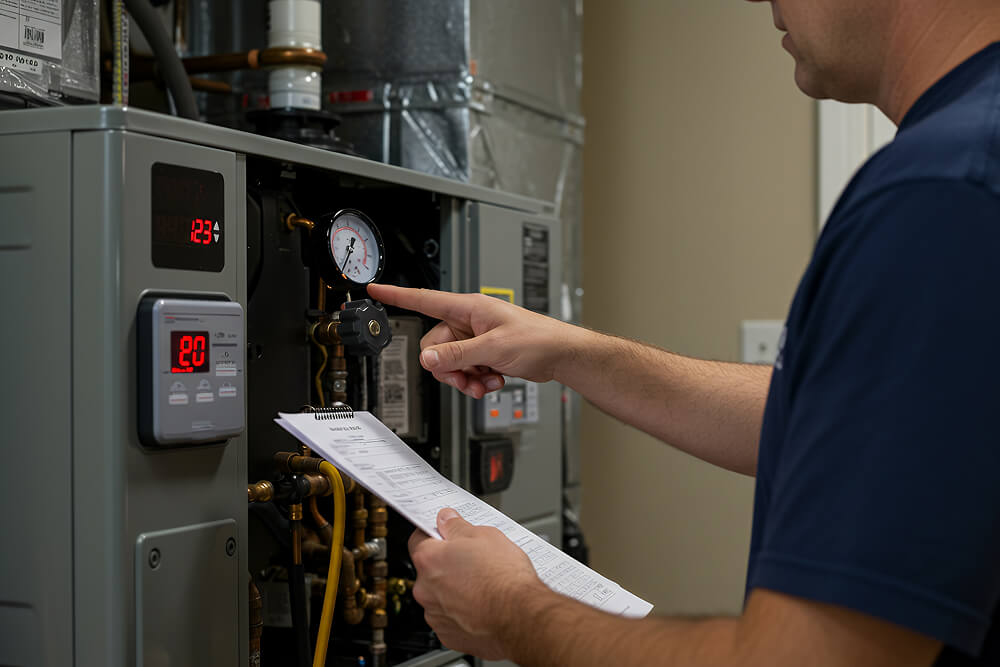 Man adjusting furnace controls with a finger while holding an instruction sheet. Focus on gauges and digital display. Indoor, technical atmosphere.