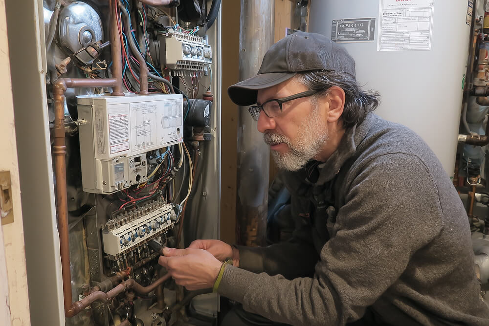 A man in a cap and glasses inspects a complex heating system in a utility room, focused and attentive. He's surrounded by wiring and pipes.