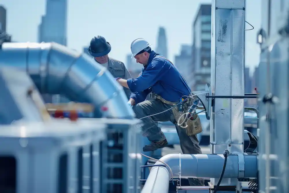 Two construction workers in protective helmets and gear are installing large industrial pipes on a rooftop, with a city skyline in the background.