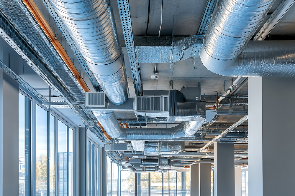 Modern interior with exposed air ducts on the ceiling, surrounded by large windows allowing natural light. The scene is industrial and spacious.
