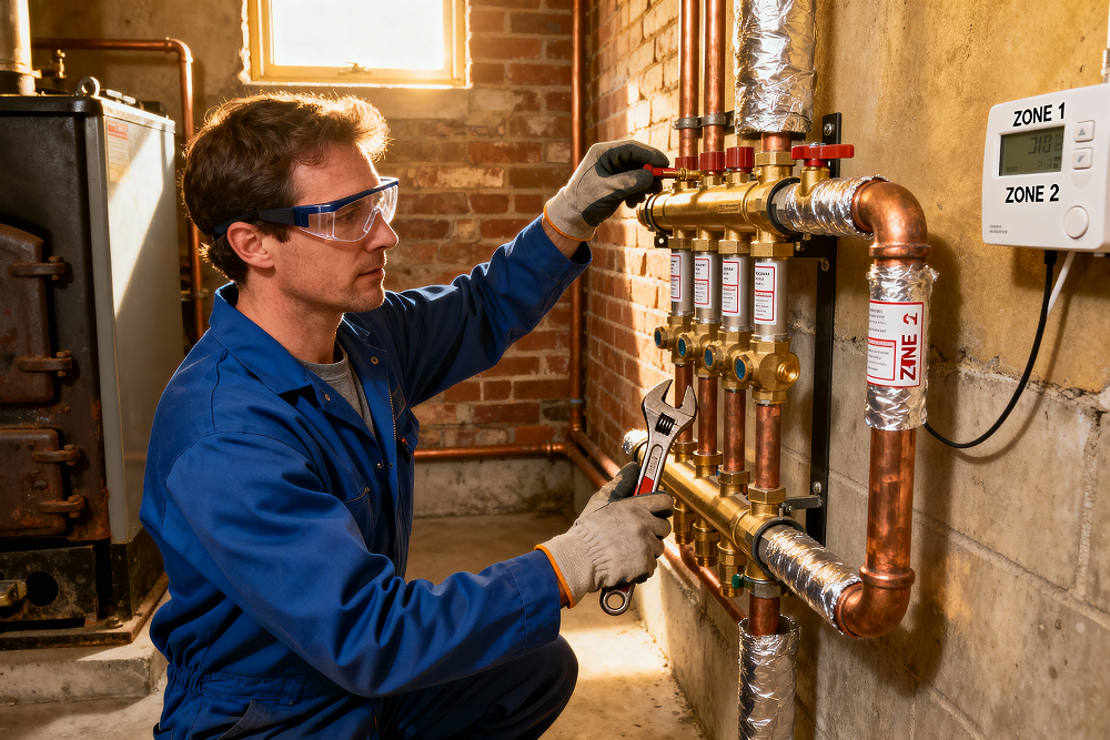 A worker in blue coveralls and safety glasses adjusts copper pipes with a wrench, in a boiler room with brick walls, displaying focus and precision.