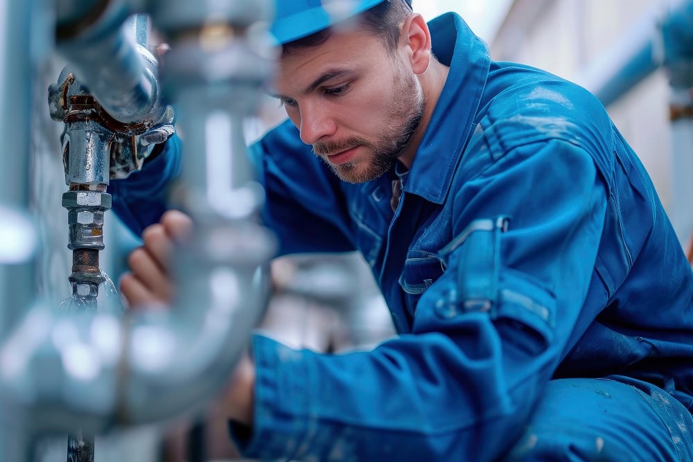 A focused plumber in a blue uniform inspects metal pipes, appearing concentrated and diligent. The scene conveys a sense of precision and expertise.