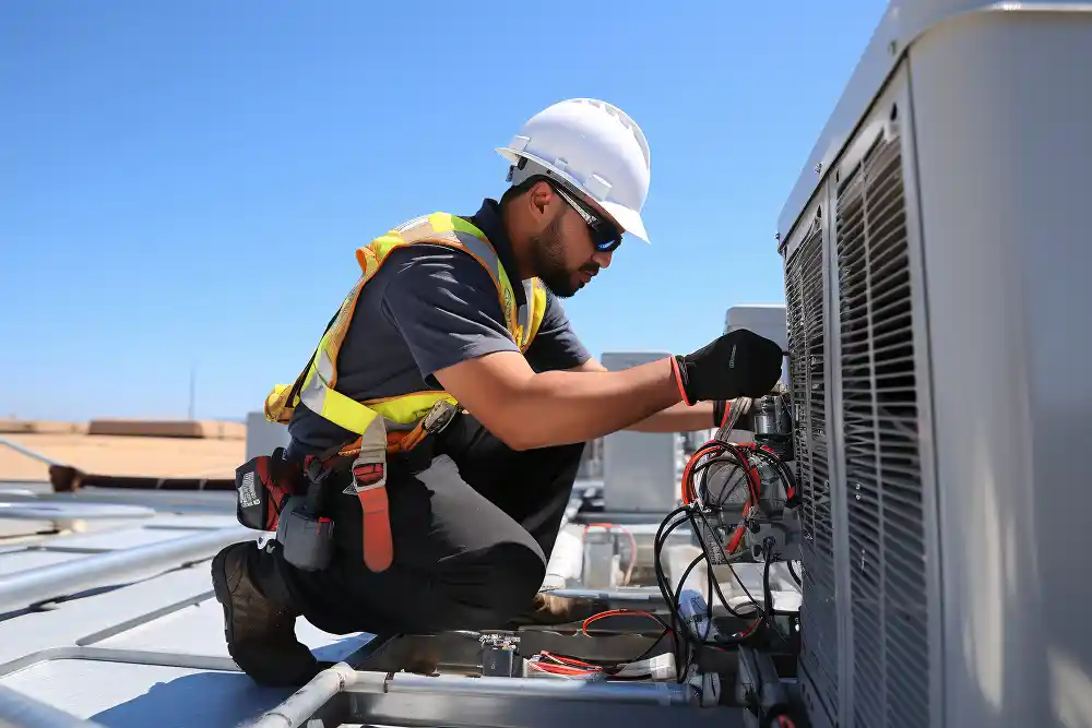 A technician in a white hard hat and safety vest works on a rooftop HVAC unit. The clear blue sky adds a sense of openness to the scene.