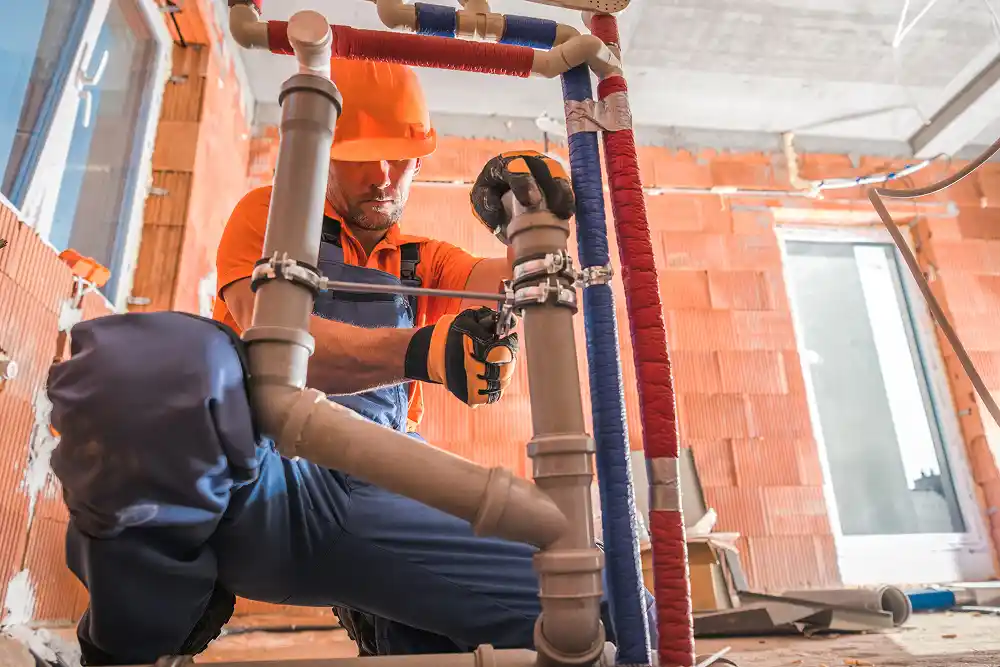 A construction worker in a hard hat and gloves, focused on adjusting gray pipes in a building site, conveys a sense of concentration and diligence.